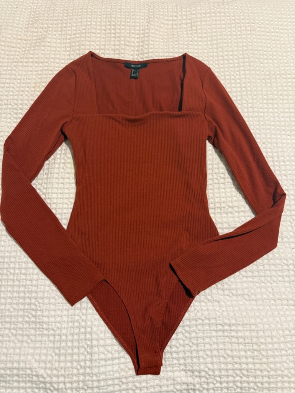 Forever 21 Rust Red Ribbed Long-Sleeve Square Neck Bodysuit